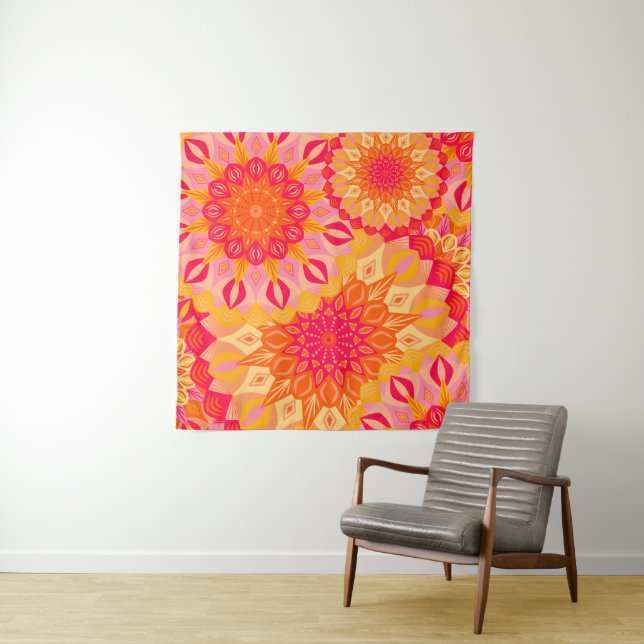Overlapping Mandala Orange Pink Yellow Tapestry (In Situ)
