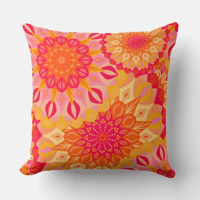 Overlapping Mandala Orange Pink Yellow Throw Pillow (Front)