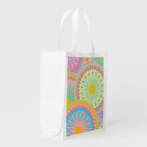 Overlapping Mandala Pink Blue Yellow Mint Purple Grocery Bag