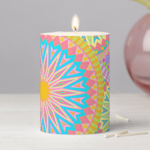 Overlapping Mandala Pink Blue Yellow Mint Purple Pillar Candle