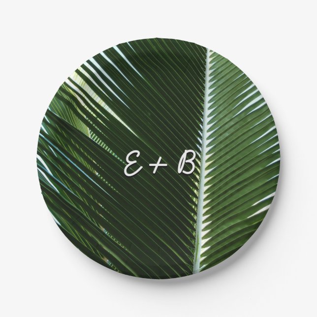 Overlapping Palm Fronds Tropical Green Abstract Paper Plates (Front)