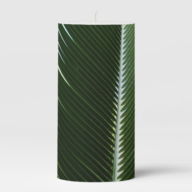 Overlapping Palm Fronds Tropical Green Abstract Pillar Candle (Front)