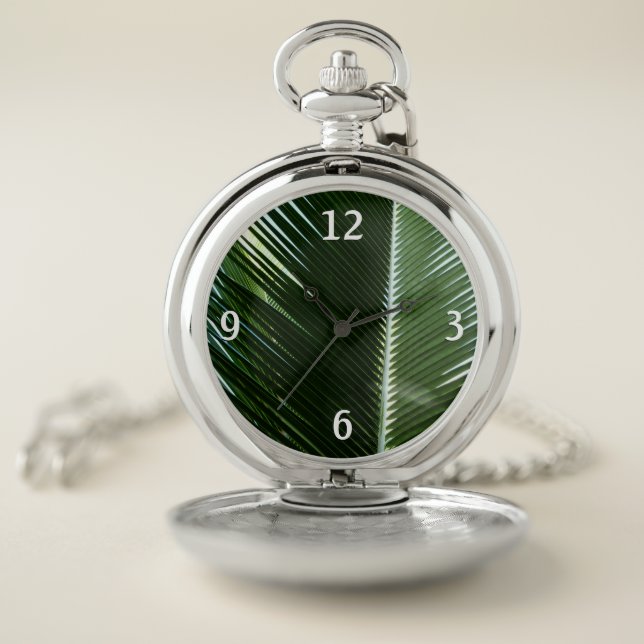 Overlapping Palm Fronds Tropical Green Abstract Pocket Watch (Inside)