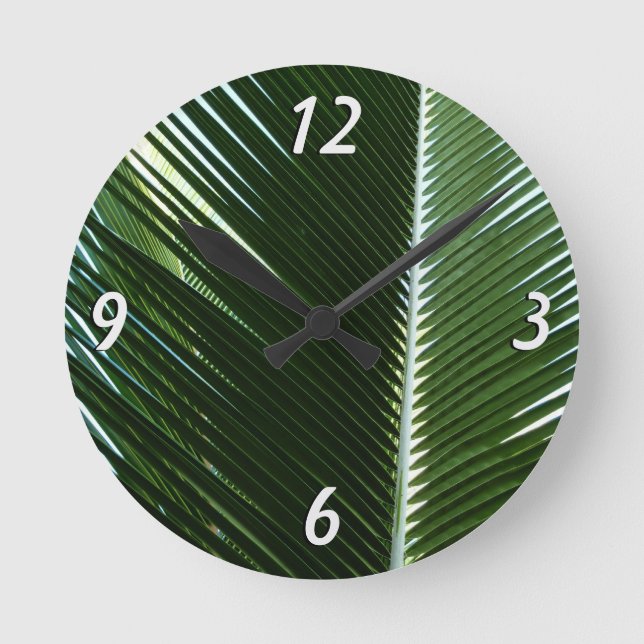 Overlapping Palm Fronds Tropical Green Abstract Round Clock (Front)