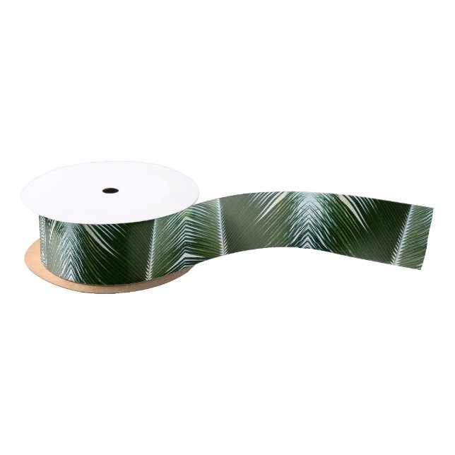 Overlapping Palm Fronds Tropical Green Abstract Satin Ribbon (Spool)