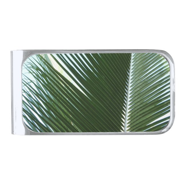 Overlapping Palm Fronds Tropical Green Abstract Silver Finish Money Clip (Front)