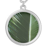 Overlapping Palm Fronds Tropical Green Abstract Silver Plated Necklace