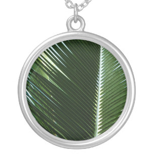 Overlapping Palm Fronds Tropical Green Abstract Silver Plated Necklace