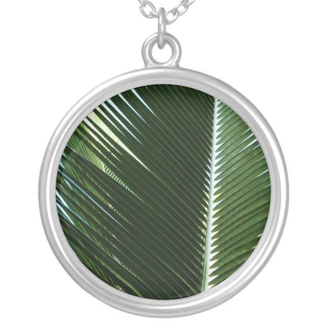 Overlapping Palm Fronds Tropical Green Abstract Silver Plated Necklace (Front)