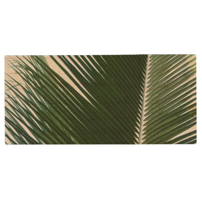 Overlapping Palm Fronds Tropical Green Abstract Wood Flash Drive (Front)