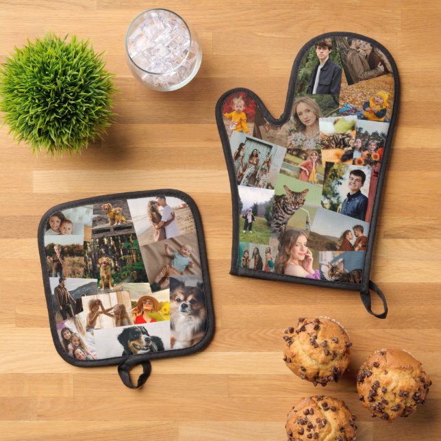 Overlapping Photo Collage 29 Photos Oven Mitt & Pot Holder Set (Top Down)