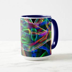 Overlapping tape-like curves, neon colorful relief mug