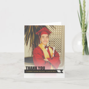 Overlay Black Ribbon Graduation Cap Cutout Photo Thank You Card