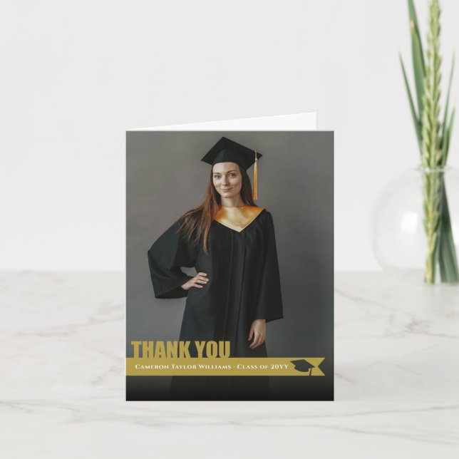 Overlay Gold Ribbon Graduation Cap Cutout Photo Thank You Card (Front)