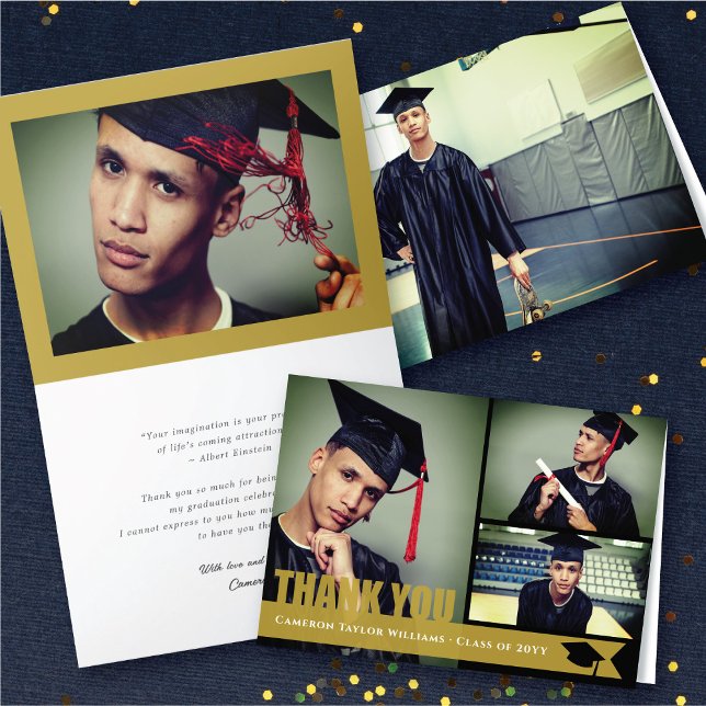 Overlay Gold Ribbon Graduation Cap Modern 3 Photo Thank You Card (Overlay Gold Ribbon Graduation Cap Cut Out Modern 3 Photo Thank You Card @ zazzle.com/color_therapy)
