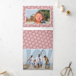 Overlay joy Christmas holiday dusty rose photo Tri-Fold Holiday Card