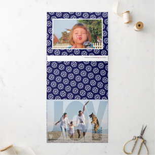 Overlay joy Christmas holiday navy blue photo Tri-Fold Holiday Card
