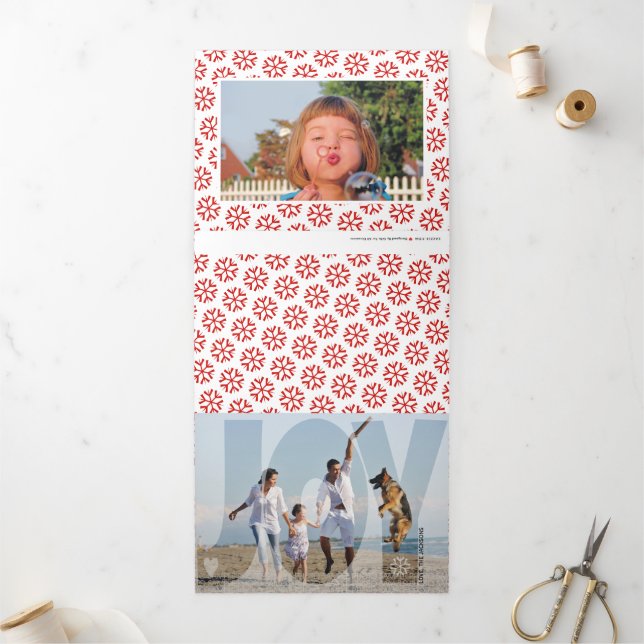 Overlay joy Christmas holiday red photo Tri-Fold Holiday Card (Outside)