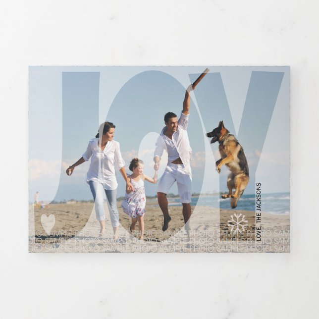 Overlay joy Christmas holiday silver photo Tri-Fold Holiday Card (Cover)
