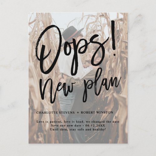 Overlay new plan wedding photo change the date announcement postcard