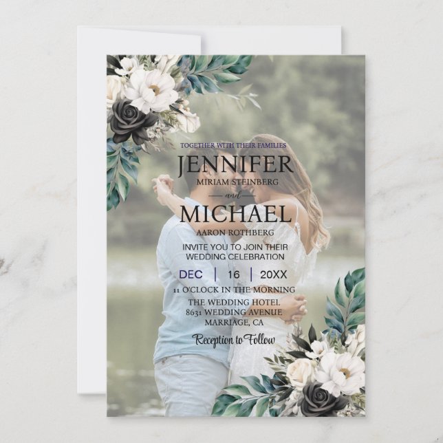 Overlay Portrait Picture Photo QR B&W Wedding Invitation (Front)