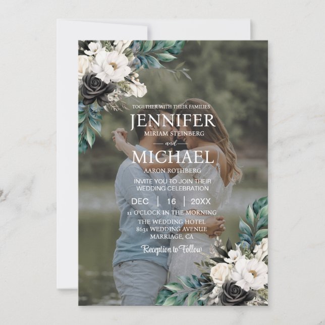 Overlay Portrait Picture Photo QR B&W Wedding Invitation (Front)