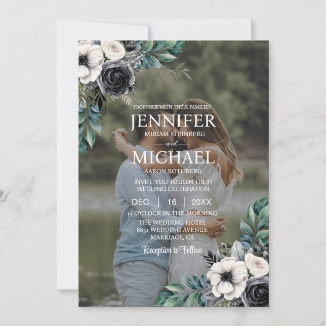 Overlay Portrait Picture Photo QR B&W Wedding Invitation (Front)