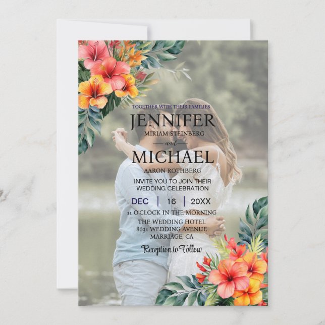 Overlay Portrait Picture Photo QR Tropical Wedding Invitation (Front)