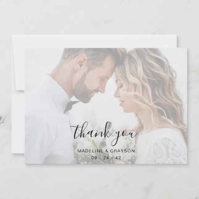 Overlay Script Two Photo Wedding Thank You Card | Zazzle