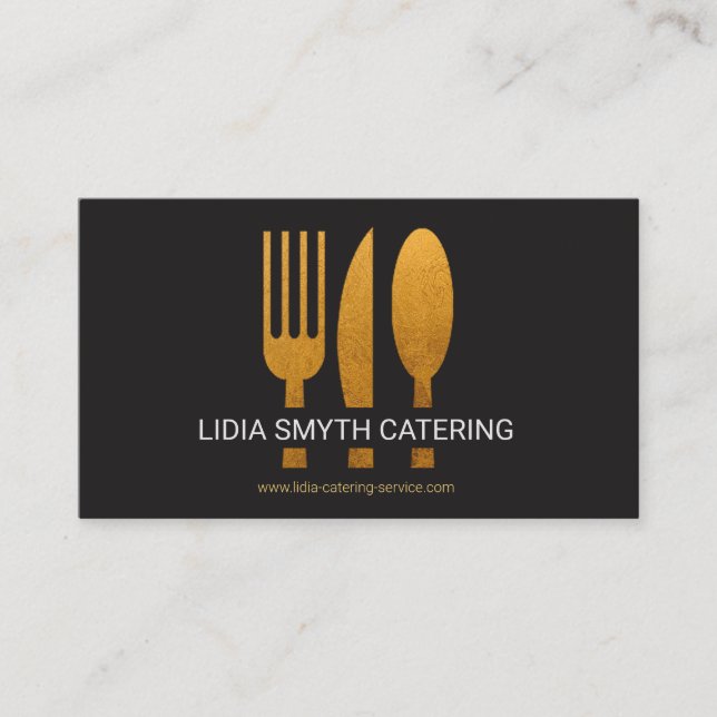 Oversize Gold Fork Knife Spoon Catering Service Business Card (Front)