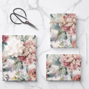 Oversized Botanical Print Pink Roses Peonies  Wrapping Paper Sheets