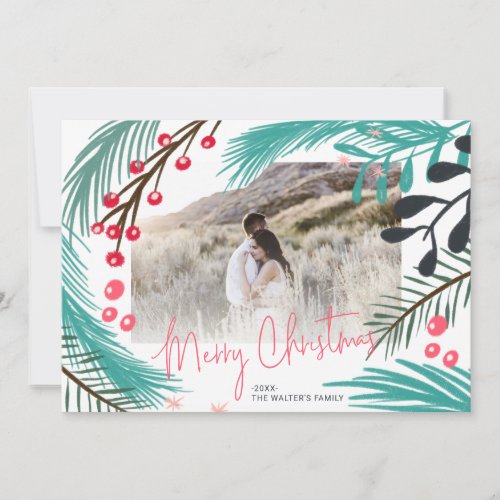 Oversized branches photo Merry Christmas script Holiday Card