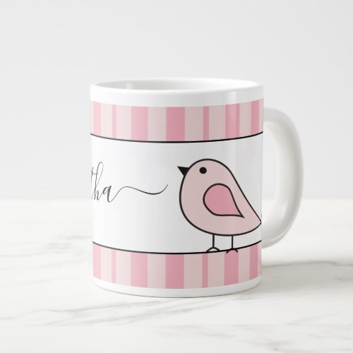 Oversized Cute Bird Pink Stripe Personalized Giant Coffee Mug
