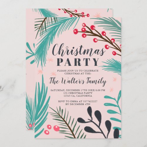 Oversized hand drawn mistletoe pink Christmas Invitation