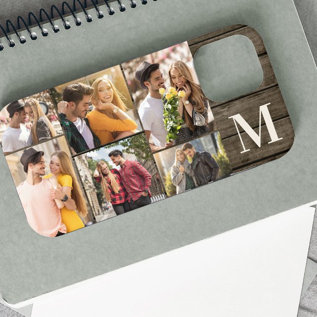 Oversized Initial 6 Photo Collage Rustic Wood Case-Mate iPhone Case (Creator Uploaded)
