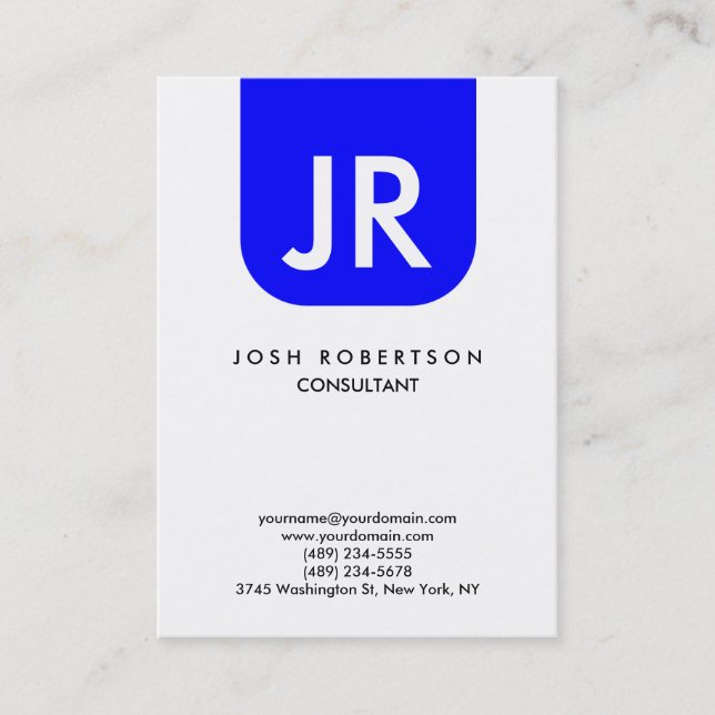 Oversized Minimalist Monogram Blue White Clean Business Card (Front)