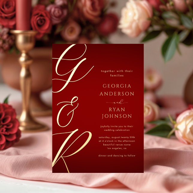 Oversized Monogram Crimson Red Gold Wedding Foil Invitation (Creator Uploaded)