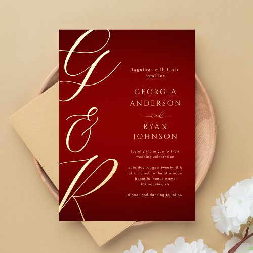 Oversized Monogram Crimson Red Gold Wedding Foil Invitation