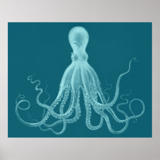 Oversized Octopus Triptych Print in Turquoise