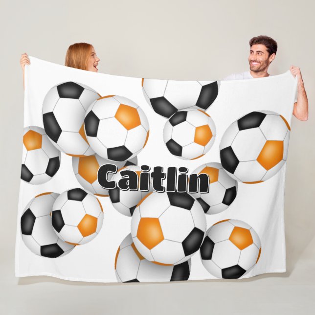 oversized orange black soccer balls girls boys fleece blanket (In Situ)