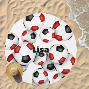 oversized red black soccer balls girls name beach towel