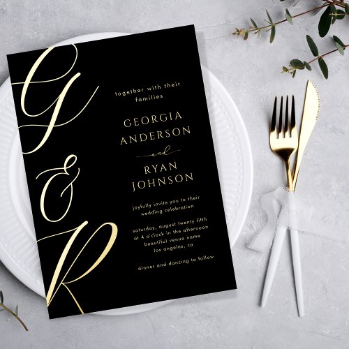 Oversized Script Monogram Dark Faded Photo Wedding Foil Invitation