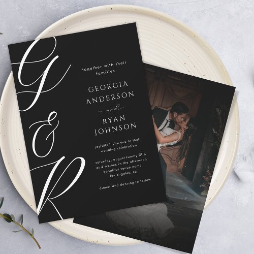 Oversized Script Monogram Dark Faded Photo Wedding Invitation