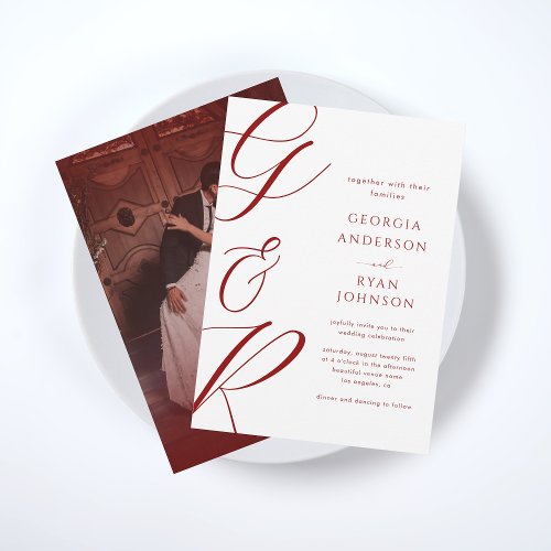 Oversized Script Monogram Red Faded Photo Wedding Invitation
