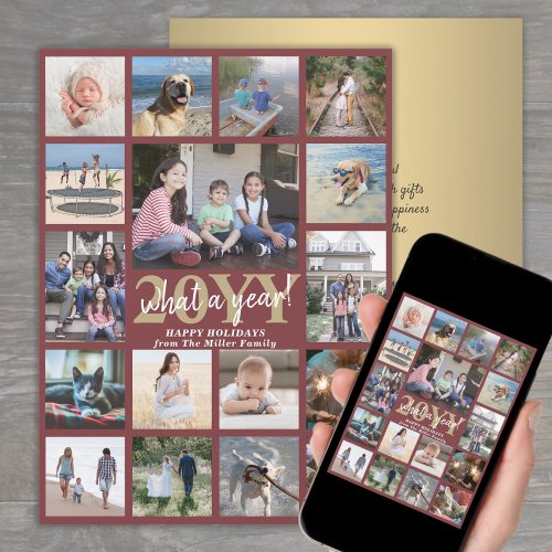 Oversized What a Year Photo Collage Burgundy Gold Holiday Card