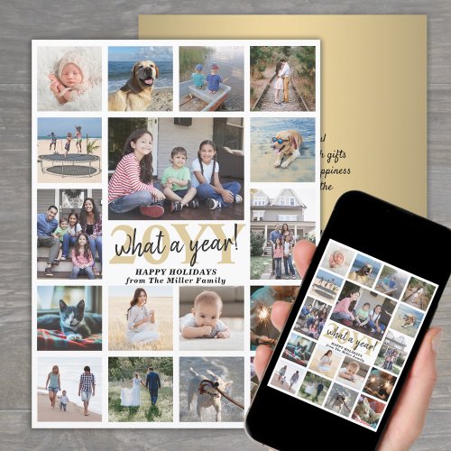Oversized What a Year Photo Collage Gold and White Holiday Card