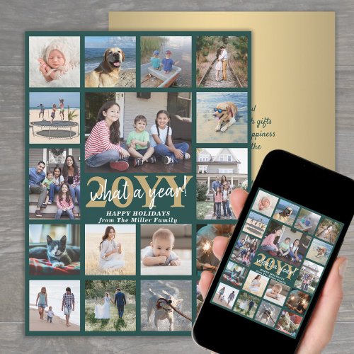 Oversized What a Year Photo Collage Green and Gold Holiday Card