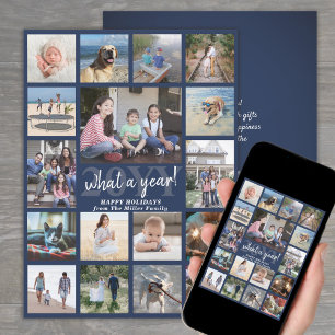 Oversized What a Year Photo Collage Navy and White Holiday Card
