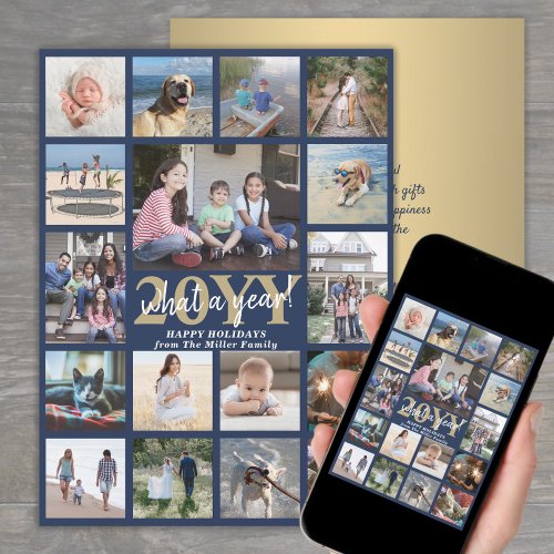 Oversized What a Year Photo Collage Navy Blue Gold Holiday Card