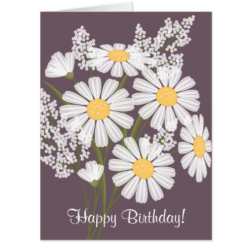 Oversized White Daisy Flowers on Purple Birthday Card